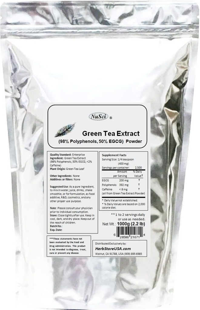 Extrait de thé vert en poudre en vrac normalisée 98% de polyphénols et 50% d'OGG sans OGM (1000 grammes (2,2 lb))