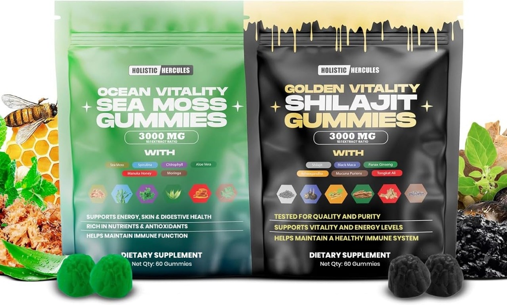 Holistic Hercules Sea Moss & Pure Himalayan Shilajit Gummis Gold | 100% Natürliche Bio Vegan | Nein Hinzugefügt Zucker | Ashwagandha Tongkat Ali Ginseng Spirulina Moringa Manuka Honig | 60 Gummis 2 Pack