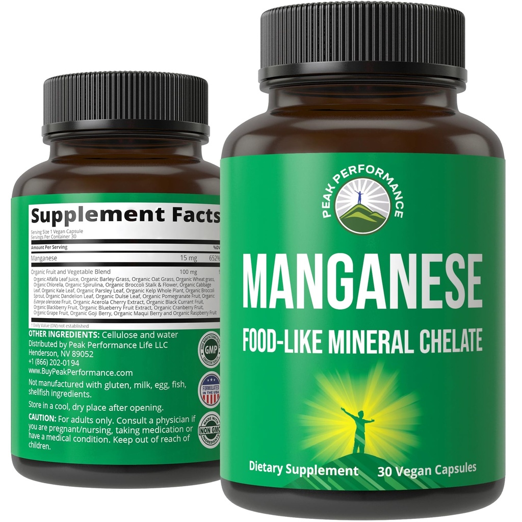 Complément de manganèse Aliment comme minéral chélaté pour absorption supérieure avec mélange alimentaire entier de 25 + fruits et légumes. Capsules minérales pures pour tissus conjonctifs, santé osseuse, soutien enzymatique
