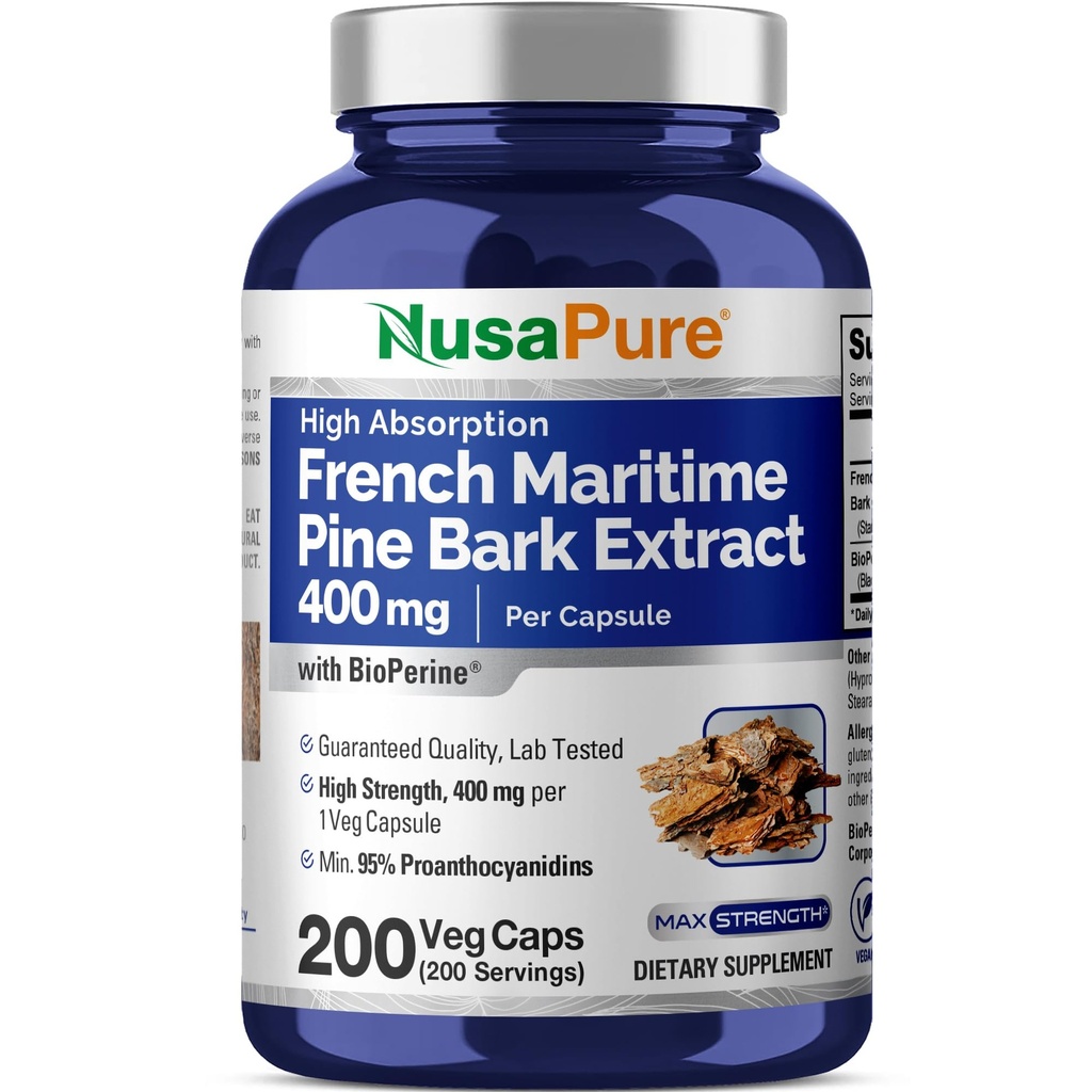 NusaPure Extrait d'écorce de pin Maritime française 400mg par Veggie Caps 200 jours d'approvisionnement Bioperine Non-OGM Vegan
