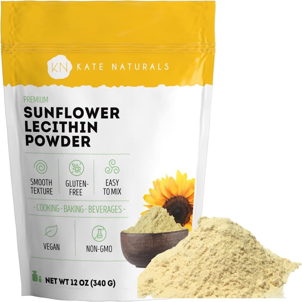 Kate Naturals Lécithine de tournesol en poudre pour pain au four, gommes, cuisine. Supplément de lécithine pour ducts de lait enrobés. Substitut pour poudre de lécithine de soja (12oz, non-OGM)