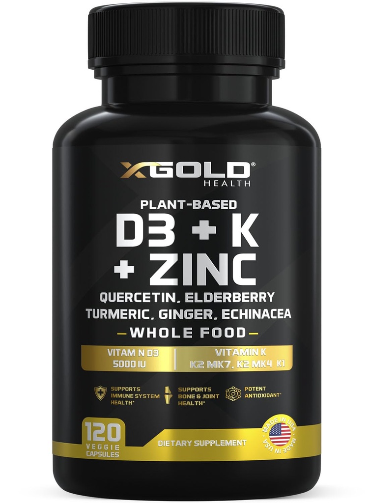 Vitamin D, K2, K1, Zink, Quercetin, Elderberry, Turmeric, Ginger & Echinacea Ganzes Nahrungsergänzungsmittel 8 in 1-D3 5000 IU Pflanzenbasis aus Lichen, Vitamin K (K2 MK7, MK4, K1), D3 K2 Vitamine -120 Kapseln