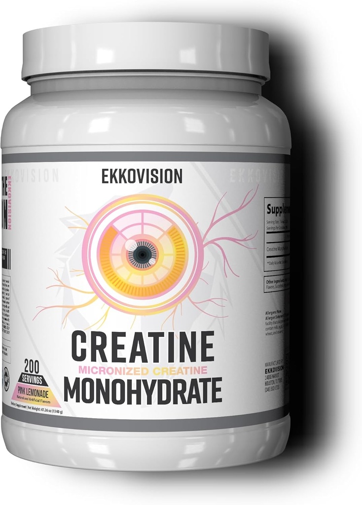 Ekkovision poudre monohydratée de créatine, micronisée, citronade rose, pré-entraînement et supplément post-entraînement pour les hommes et les femmes, soutien énergétique, facile à mélanger dans les secousses, smoothies et boissons, 200 portions