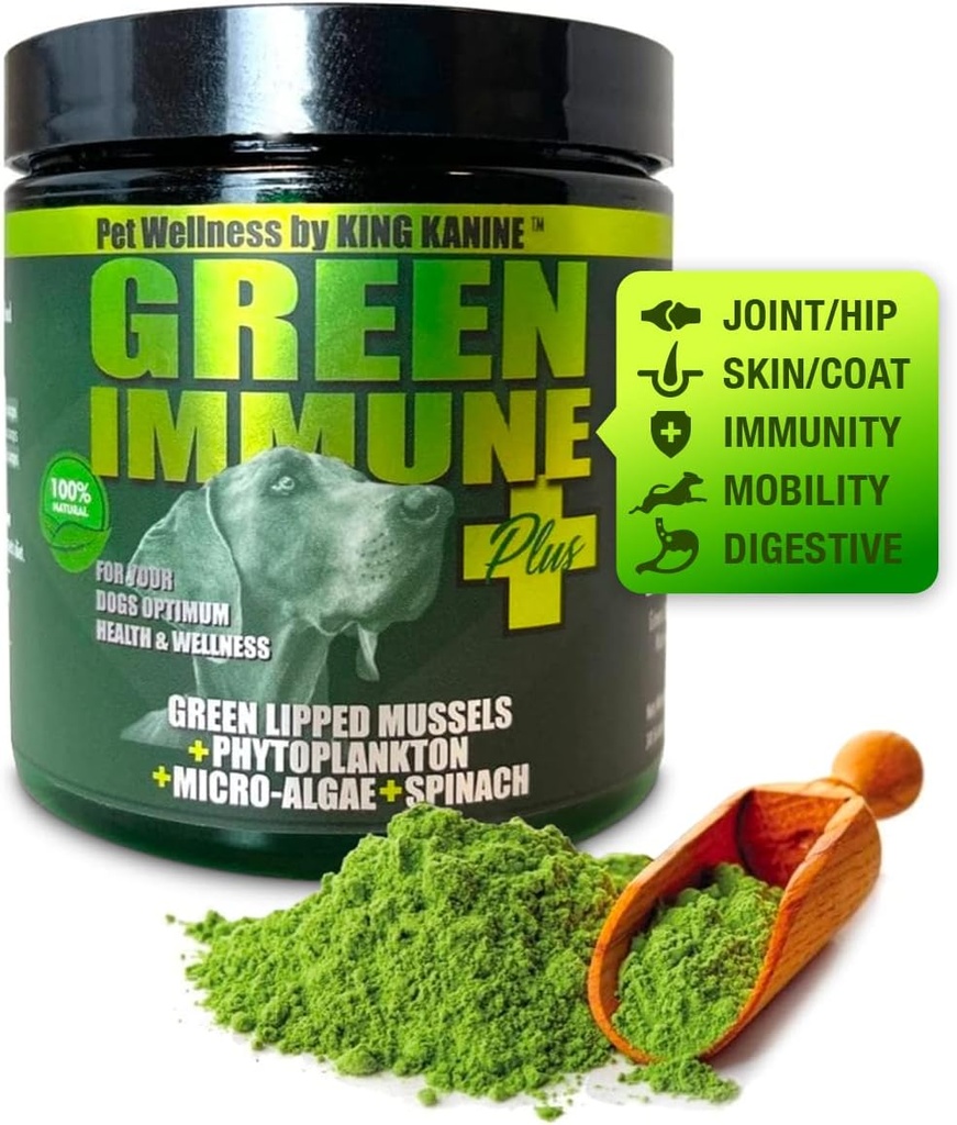 König Kanine Green Inmune Plus Multivitamin und Mineral 6 oz | Bio-Pulver zur Verbesserung der Verbindung Mobilität & Allergie Relief | Entzündungsergänzung für Hunde Pflege | Veterinär zugelassen