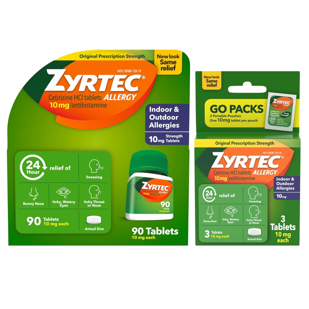 Zyrtec 24 heures Comprimés antiallergiques, la médecine d'allergie intérieure et extérieure avec 10 mg de chlorhydrate de cétirizine Antihistamine, la valeur du lot d'un, 90 ct Bouteille et trois, 1 ct Packs de voyage