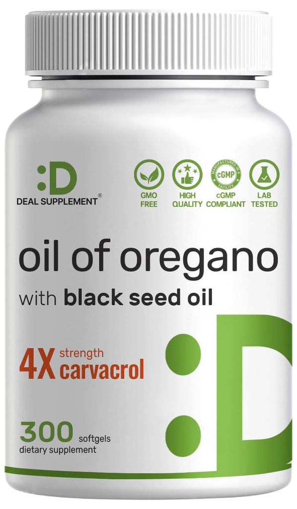 SUPPLÉMENT DE DÉAL Huile de softgels d'origan avec huile de graines noires 300 Compte – 30:1 Extrait, Carvacrol actif et Thymoquinone – Antioxydant Imune Soutien de santé – Basé sur les plantes, non-OGM
