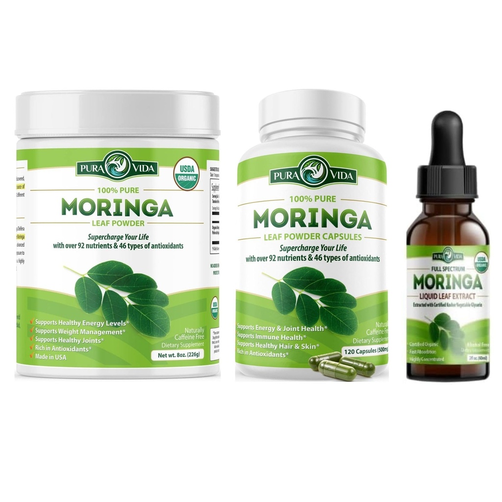 PURA VIDA MORINGA Powder 8 oz Kapseln (120 Count) und Moringa Blatt Extrakt Tropfen (2fl oz)