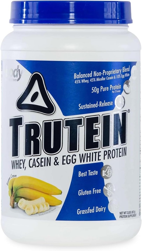 Body Nutrition Trutein High Protein Powder: 45% Whey, 45% Casein, 10% Eiweiß, Glutenfrei, Low Sodium, Gras Fed Whey Protein Powder, Gym Supplement & Breakfast Shake, Banana Cream, 2lb