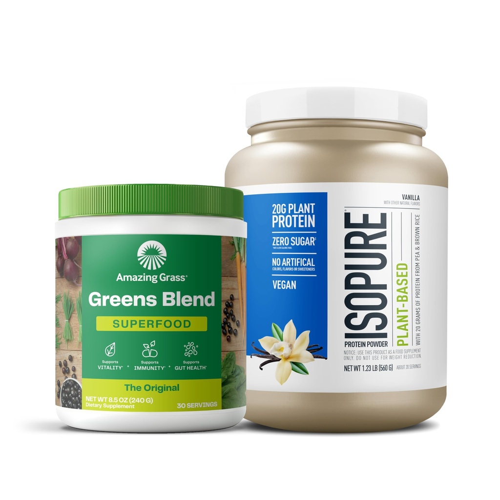Lot d'étonnantes herbes vertes Superfood Poudre: Original, 30 portions + Isopure Vanilla Poudre de protéines végétaliennes, à base végétale, Protéine de pois biologique, Sans lait, 20 portions (paquetage mai Vary)