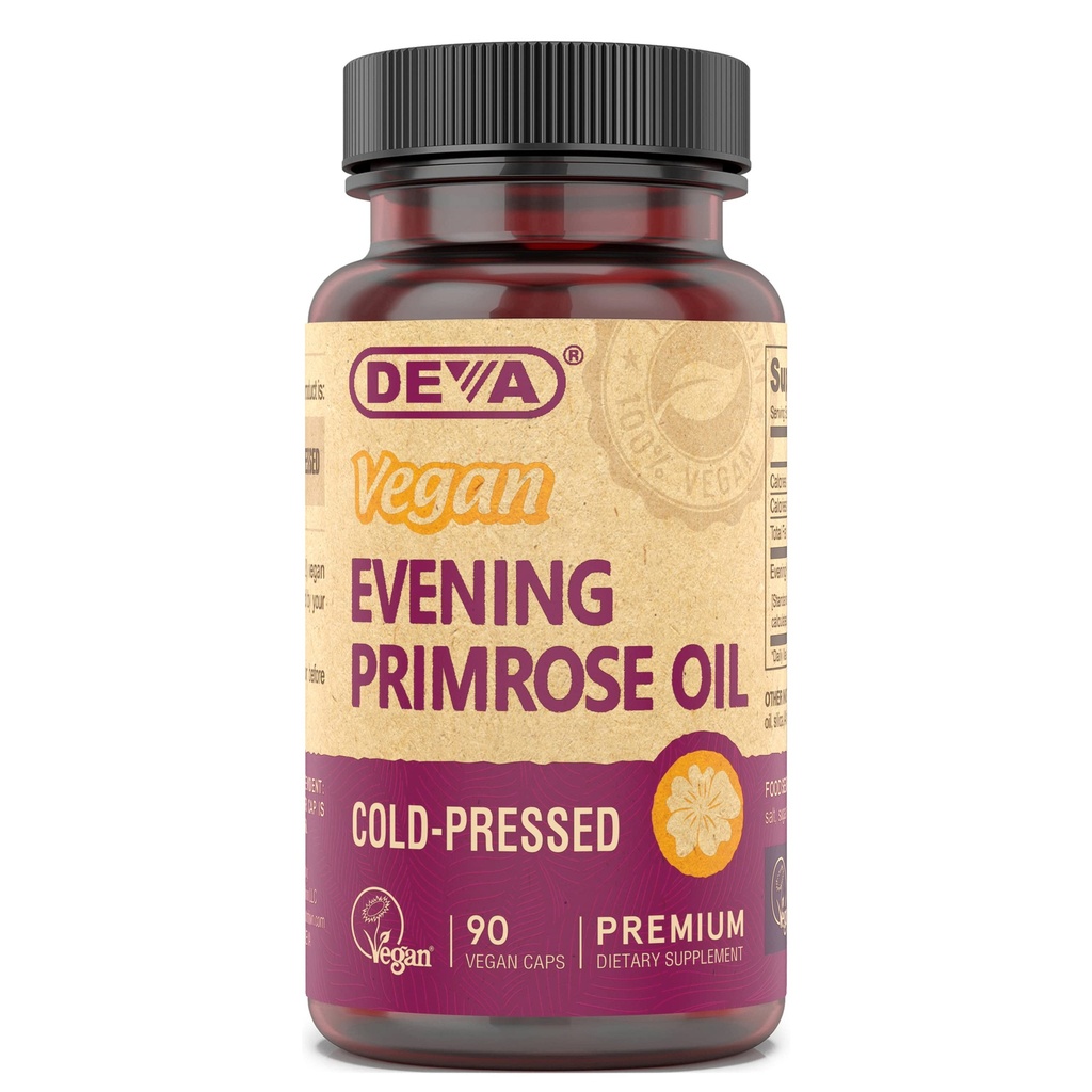 DEVA Huile de Primrose de soirée végétalienne, pressée à froid, non raffinée, 90 capsules, 1 emballage