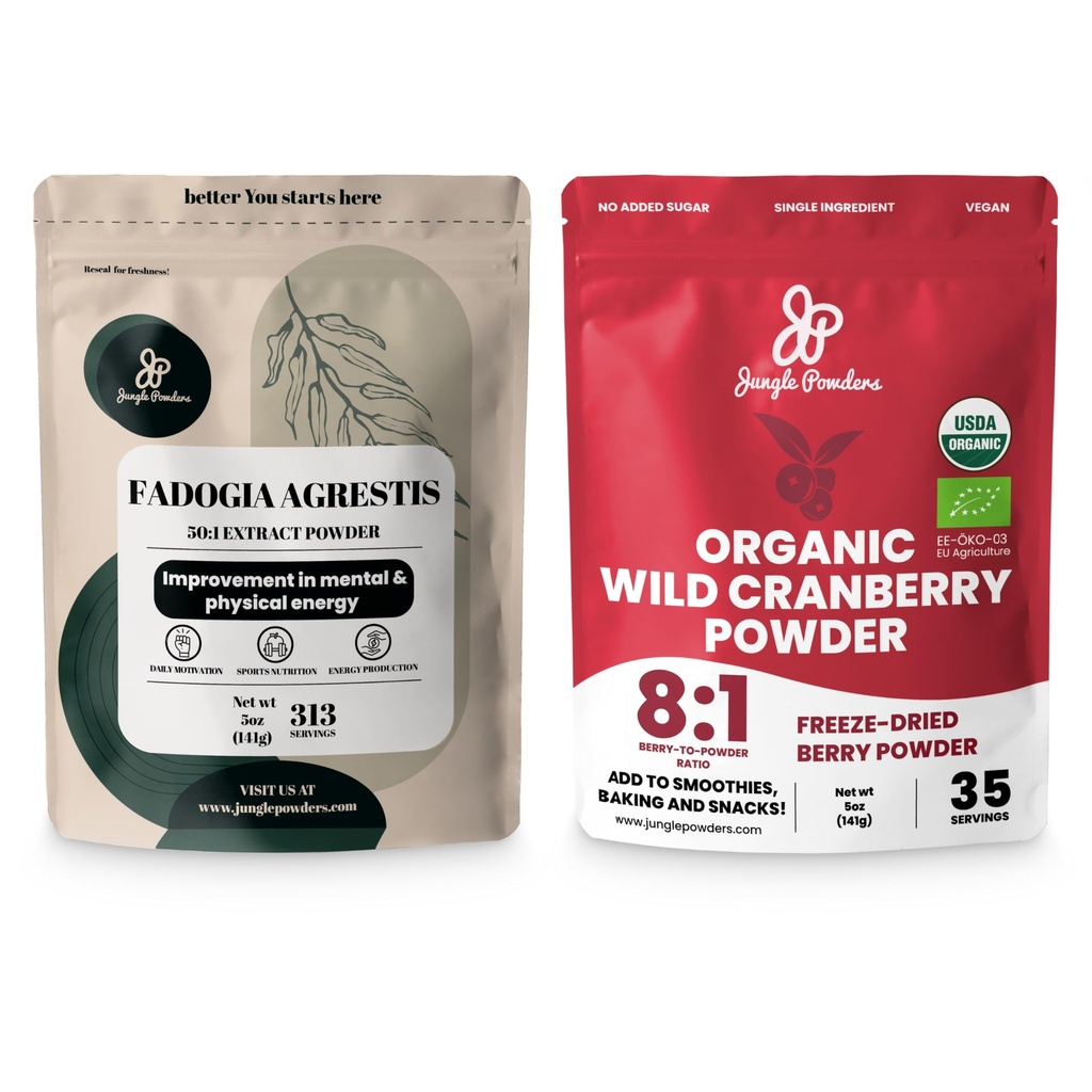 Jungle Powders Ultimate Men's Wellness Duo: 5oz Fadogia Agrestis Extract & 5oz Bio Wild Cranberry Powder - Nigerian Fadogia Supplement für Drive & Passion, USDA Certified Cranberry Superfood