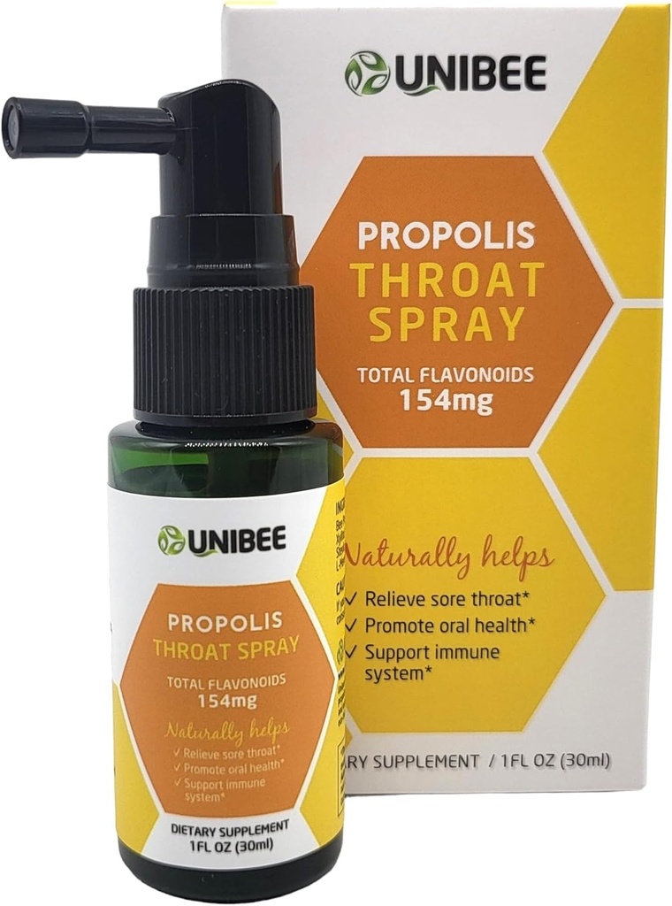 UNIBEE Propolis Throat Spray (Gesamt Flavonoids 154mg) - Sore Throat Relief, Oral Health Promotion, Natürliche Immununterstützung, Alkoholfreie &amp; wasserlösliche Propolis