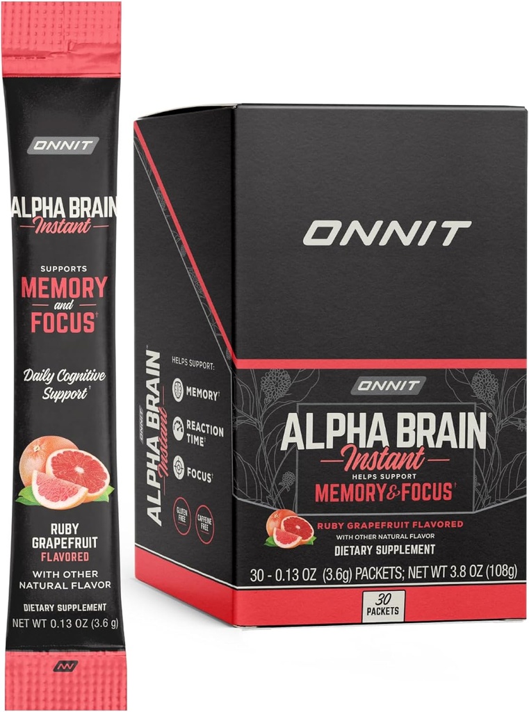 ONNIT Alpha Brain Instant - Ruby Grapefruit Flavor - Nootropic Brain Booster Memory Supplement - Brain Unterstützung für Fokus, Energie und Klarheit - Alpha GPC Choline, Katzenkralle, L-Theanine, Bacopa - 30ct