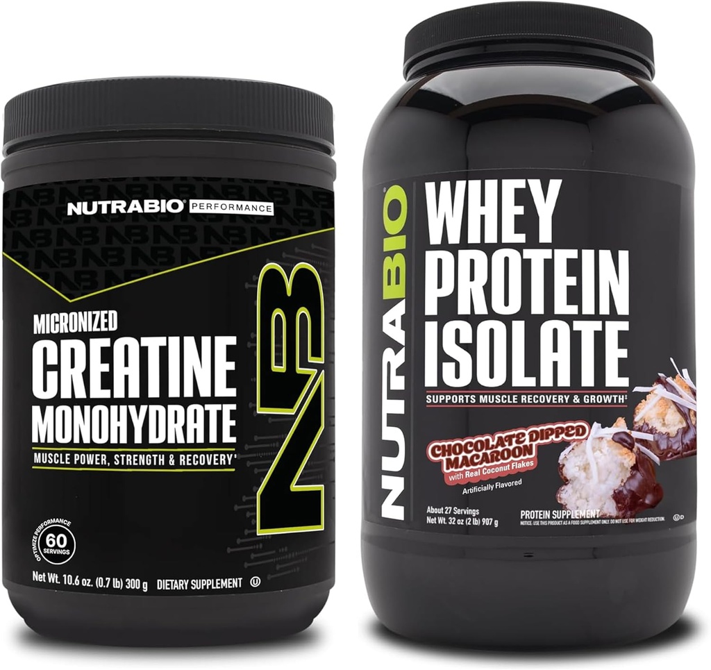 NutraBio Creatine Monohydrate, Unflavored, 300g und Whey Protein Isolate, Schokolade getippt Macaroon, Supplement Bundle - Muskelenergie, Lean Muskelwachstum, Erholung und Stärke