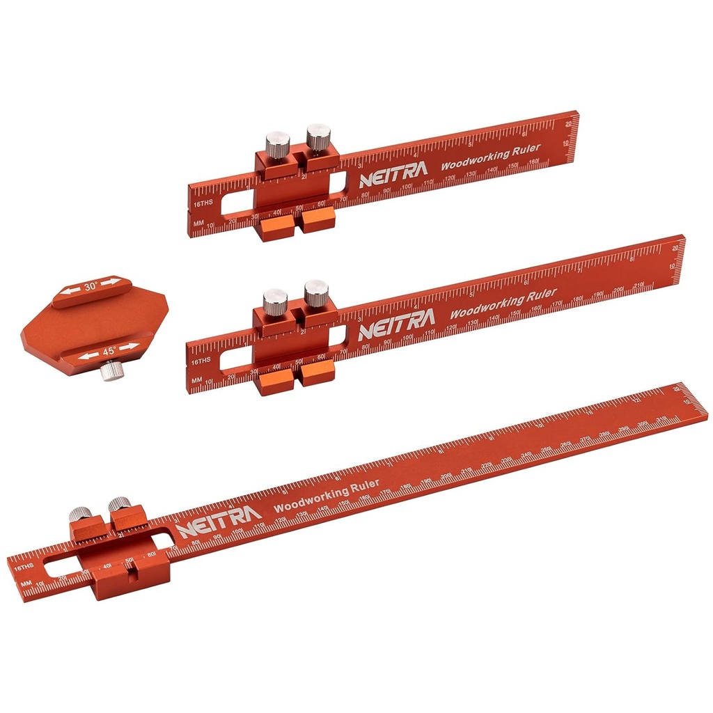 Règle de poche en métal, Neitra 3PCS (6/8/12 pouces) avec un arrêt de marche de 45° et 30° pour mesurer la précision, règle d'arrêt de marche en aluminium pour marquer le pouce et les règles de coupe en T métriques carré