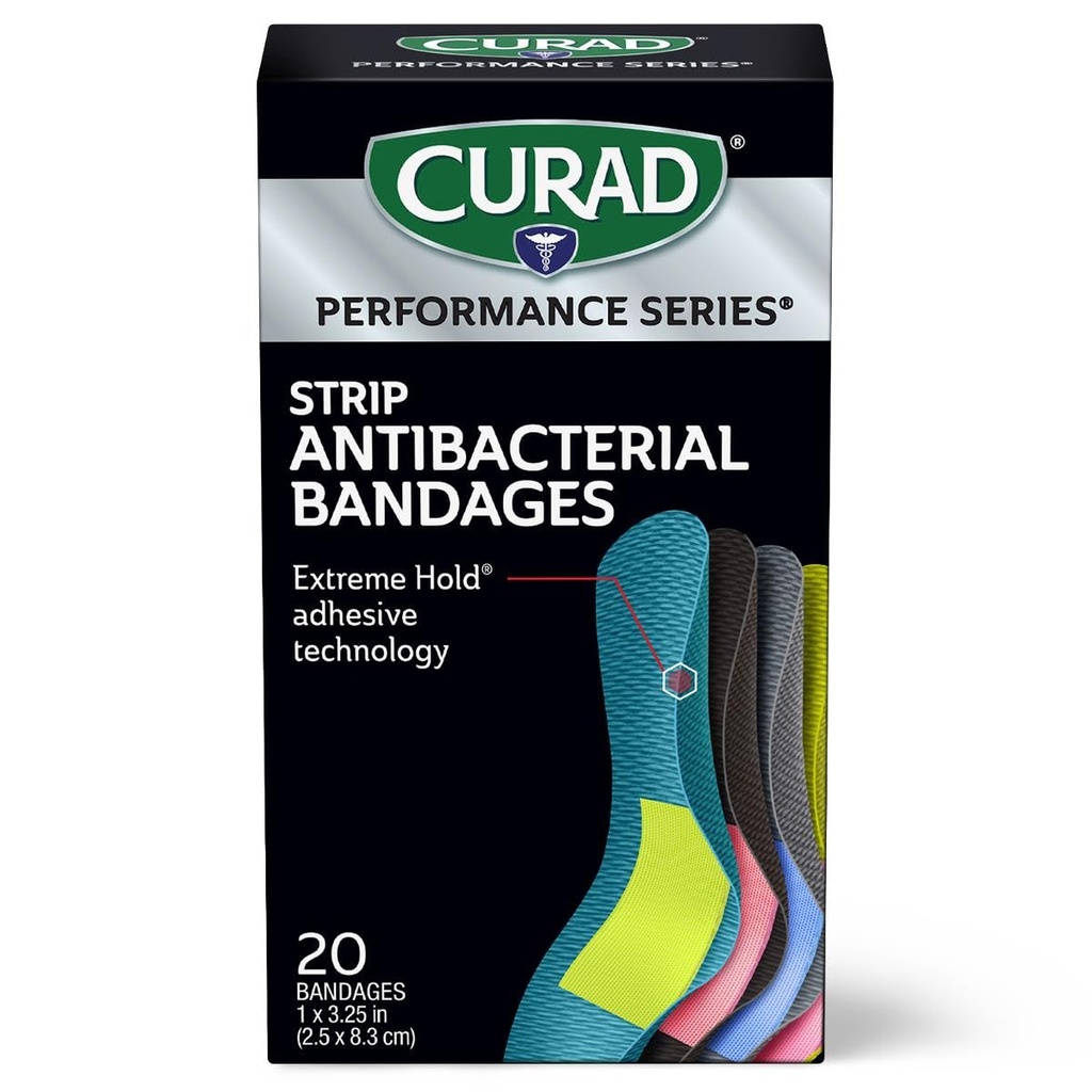 CURAD Performance Serie IRONMAN Antibakterielle Bandagen, Extreme Hold Adhesive Technology, Standard-Größe Flexible Stoff Bandagen für Schnitte, Schrapes, & Burns, Verschiedene Farben, 1 x 3,25 Zoll, 20 Zähler