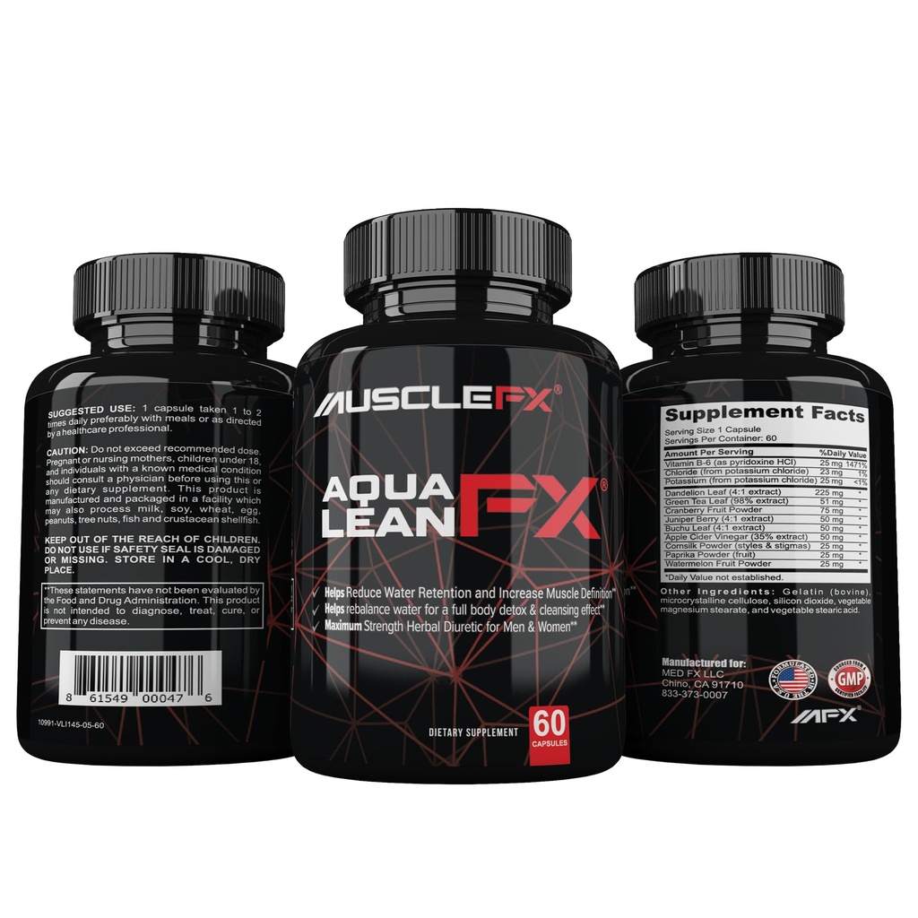 AquaLean FX Maximale Stärke Diuretische Wasser Weg Pillen für Wasser Retention und Lean Muskel Defination für Männer und Frauen, 60 Kapseln