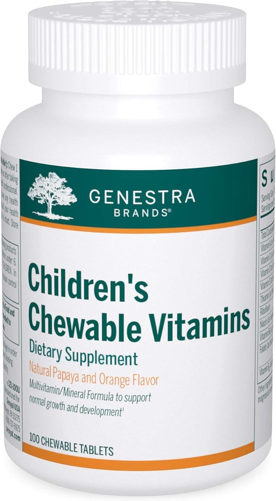 Genestra Marques Vitamines à mâcher pour enfants Supplément Vitamine-minéral , 100 comprimés à mâcher , Papaye naturelle et saveur orange