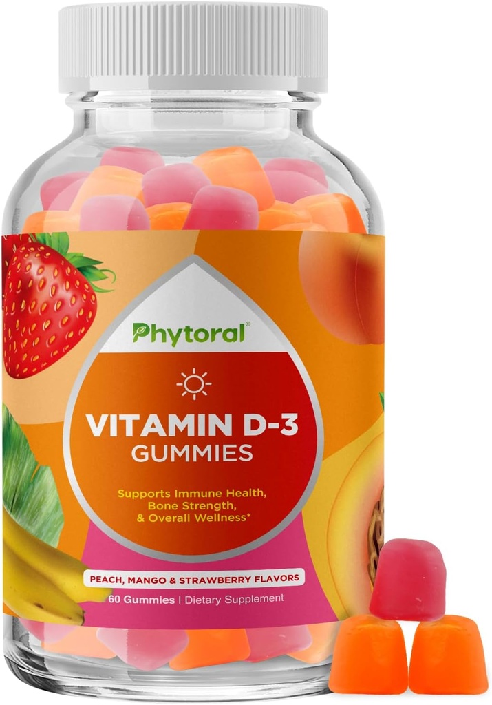 Gommies de vitamine D à croquer pour adultes - Gommies quotidiennes de vitamine D3 avec D3 2000IU par portion - Gommy sans gluten et sans gélatine pour le soutien immunitaire des adultes (1 mois)