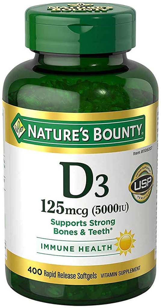 Nature's Bounty Immune Santé Vitamine D3 5000 iu, libération rapide 400 Softgels
