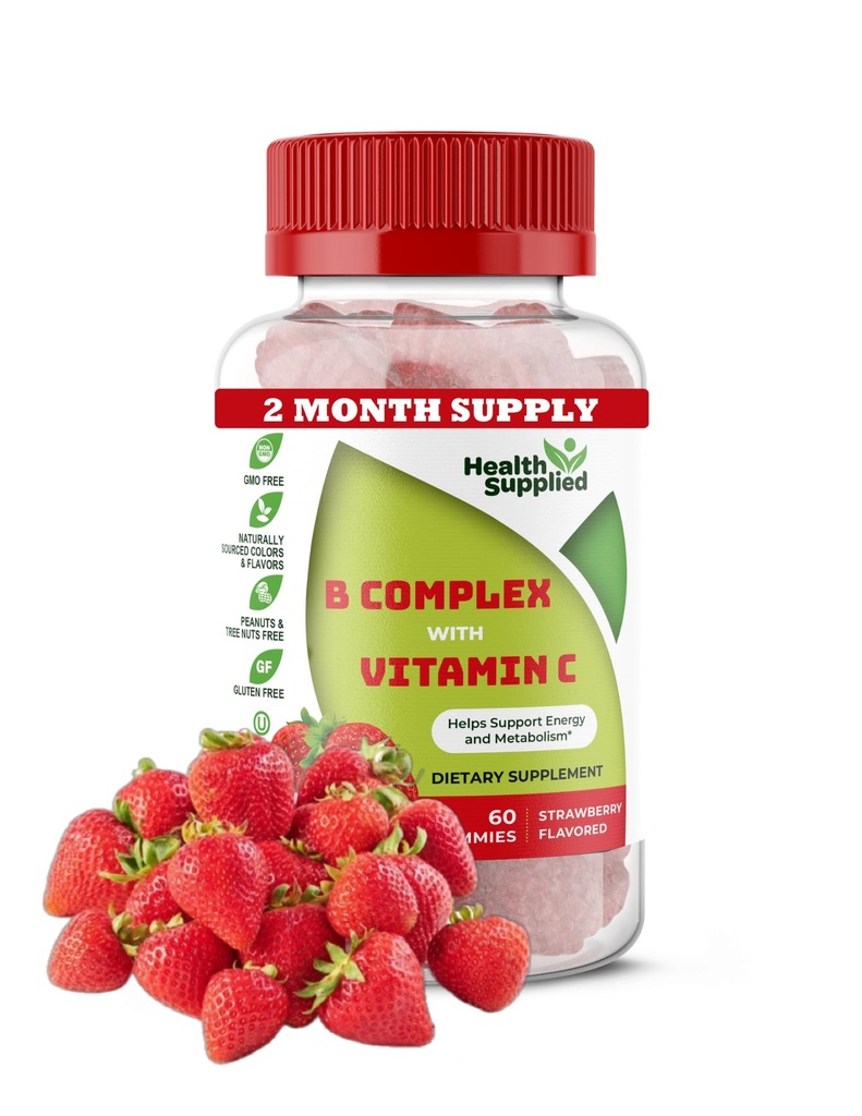 Gommies complexes de vitamine B aromatisées aux fraises - Complexe B avec vitamine C - Supporte le système nerveux et stimule les niveaux d'énergie - Aide à la fonction cognitive - Grande dégustation et facile à avaler