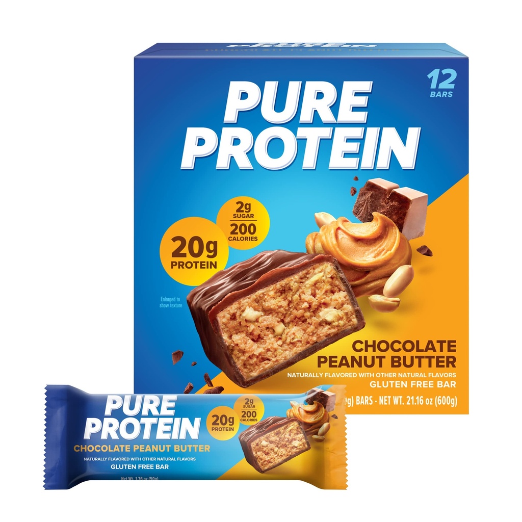 Pure Protein Chocolate Peanut Butter Protein Bars – 20g Protein, 3g Sugar, 190 Calories (12 count) Low Sugar* High Protein Snack - Gluten Free - Perfect for a Healthy Snack