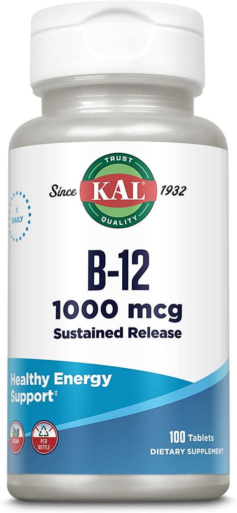 KAL Vitamine B12 1000mcg, Supplément à libération prolongée pour l'énergie saine, le métabolisme, la santé cardiaque, le soutien des cellules nerveuses et rouges du sang, formule longue durée, végétalien, 100 portions, 100 comprimés