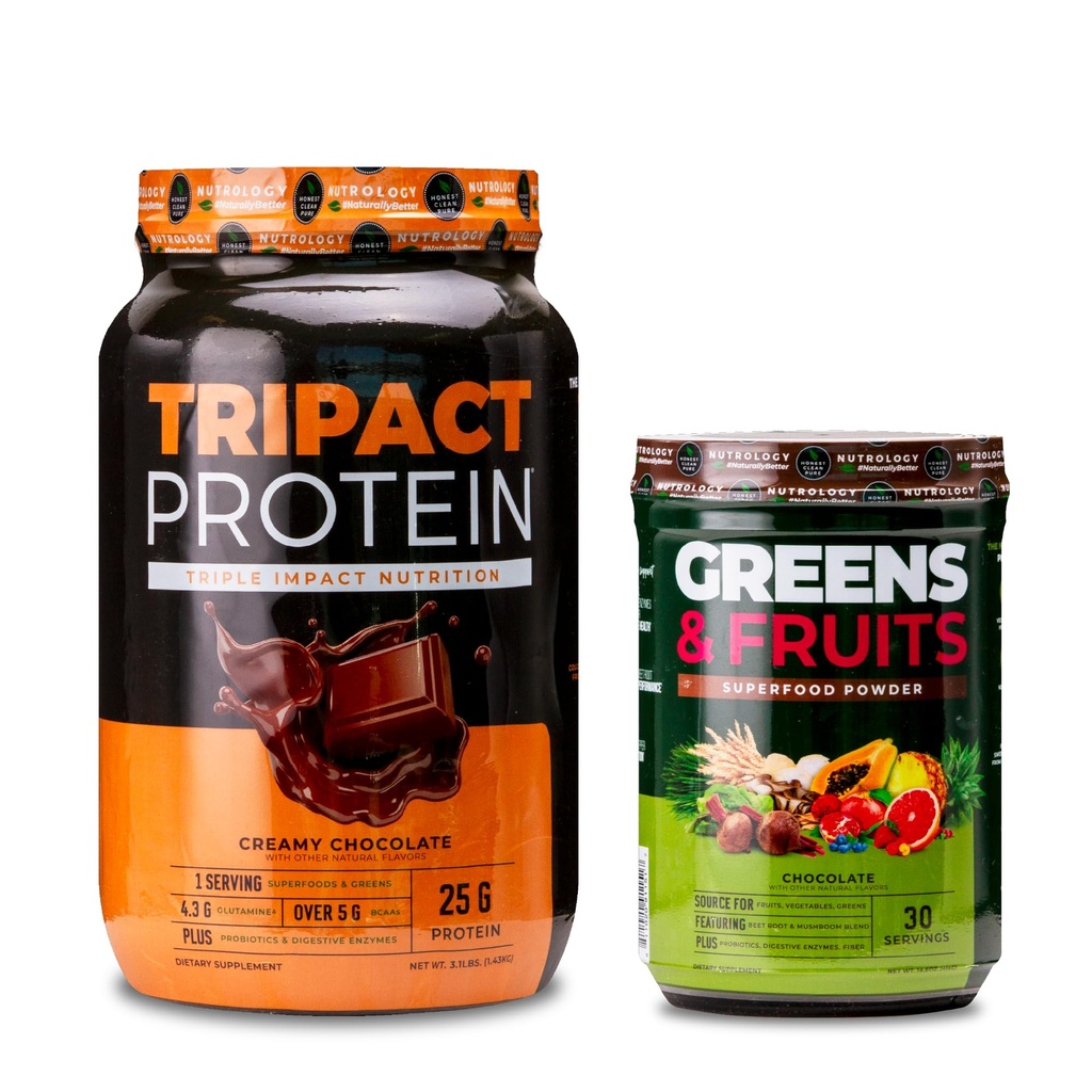 Nutrologie TRIPACT Poudre de protéines, 7-en-1 Remplacement des repas Shake, Chocolat crémeux (40 portions) Verts et fruits Superfood naturel, Chocolat (30 portions)