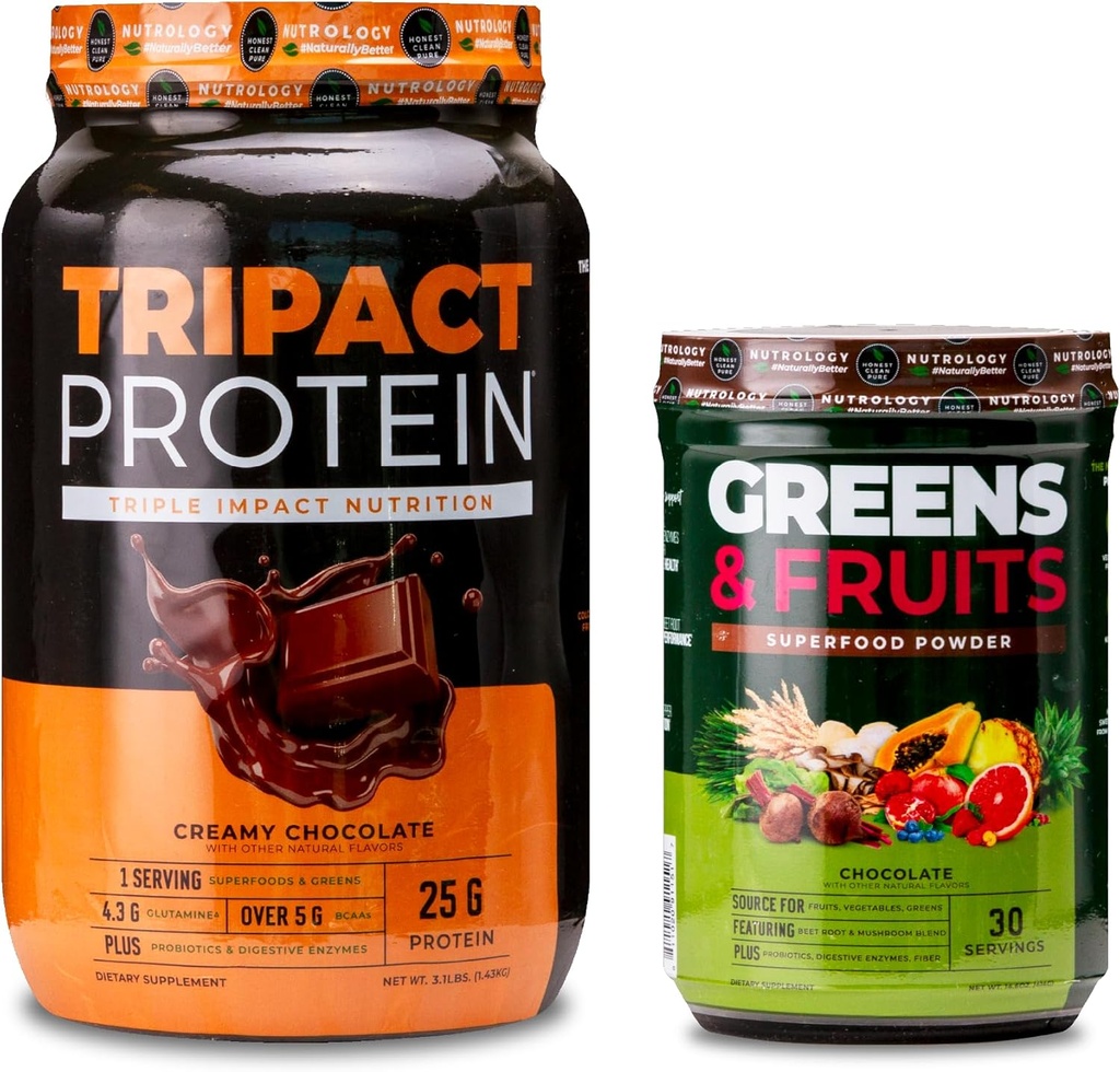 Nutrologie TRIPACT Protein Pulver, 7-in-1 Meal Ersatz Shake, Creamy Chocolate (40 Servierungen) Greens & Fruits Powder-Naturally Sourced Superfood, Schokolade (30 Servierungen)