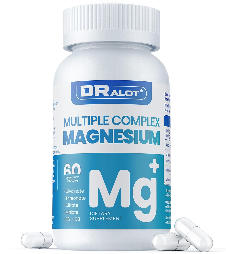 Quadruple Magnesium Supplement, 400mg Chelate Magnesium Glycinat, L-Threonat, Citrate & Malate | Max Absorption Complex w/Vitamin D3 & B6, für Schlaf Herzmuskeln Nerves, Non-GMO, 60 Vegan Caps