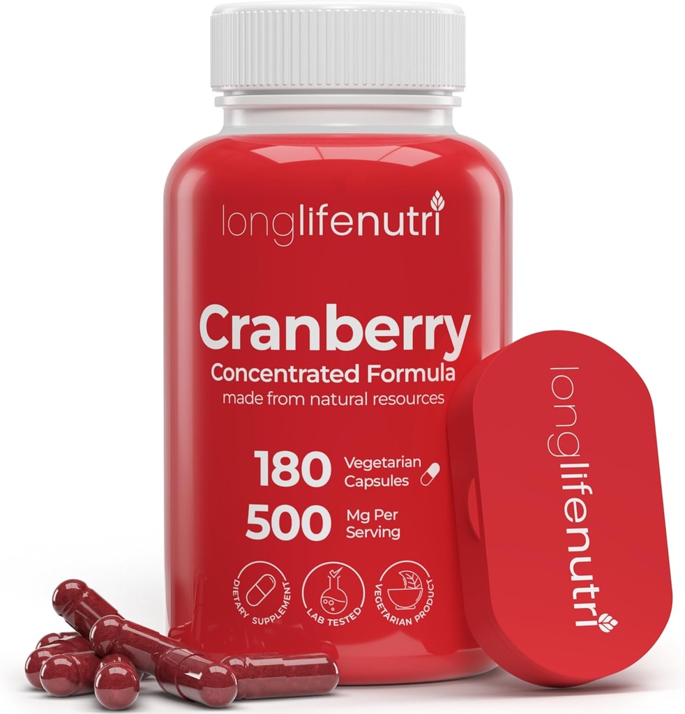LongLifeNutri Cranberry Extract with Vitamin C & E - Pure Concentrated Formula, 500mg per Serving, 180 Vegetarian Capsules, Urinary Tract Health & Bladder, 6 Month Supply, Made in USA