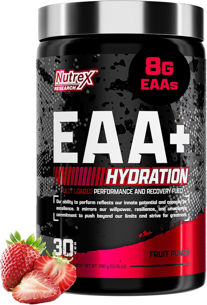 Nutrex Research EAA Hydration | EAAs + BCAA Powder | Muscle Recovery, Strength, Muscle Building, Endurance | 8G Essential Amino Acids + Electrolytes | 30 Servings (Fruit Punch)