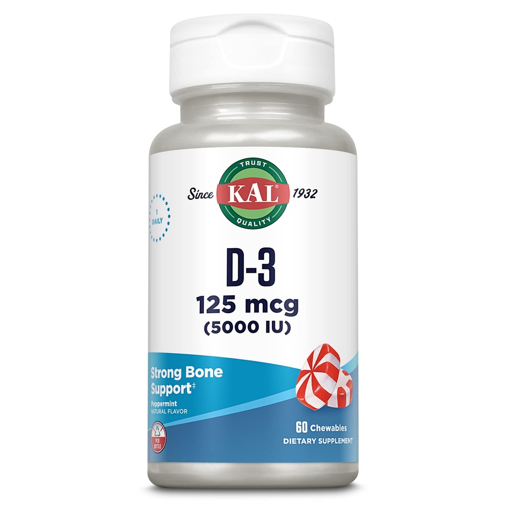 KAL Vitamin D3 5000 IU 125 mcg, hohe Potenz Vitamin D Chewables, Kalziumabsorption, Knochengesundheit und Immununterstützungsergänzung, natürliche Pfefferminzflamme, 60-Tage-Garantie, 60 Servietten, 60 Chews