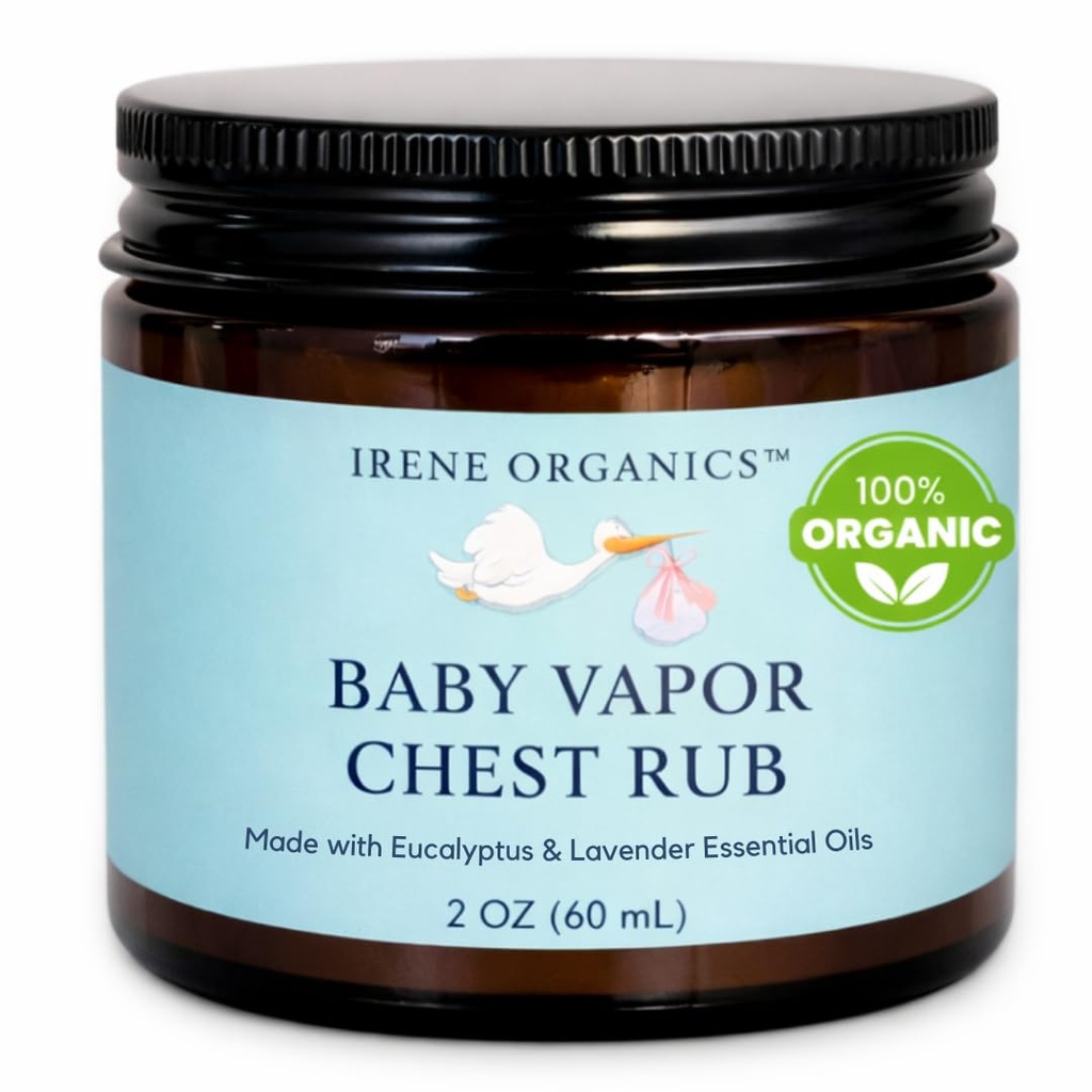 Irene Organics Bio Baby Vapor Chest Rub Clean Vapo Rub fabriqué avec des ingrédients non toxiques comme les huiles essentielles d'Eucalyptus, sans danger pour tous les âges, les nouveau-nés et les nourrissons, les enfants malades essentiels
