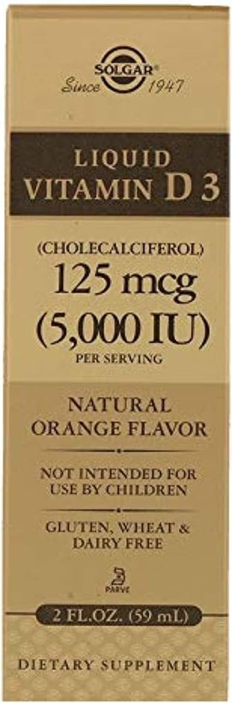 Solgar Liquid Vitamin D3 125 mcg (5.000 IU) - 2 fl oz - Delicious, Natural Orange Flavor - Hilft, gesunde Knochen und Zähne - Immunsystem Unterstützung - Glutenfrei, Dairy Free, Kosher - 59 Servierungen