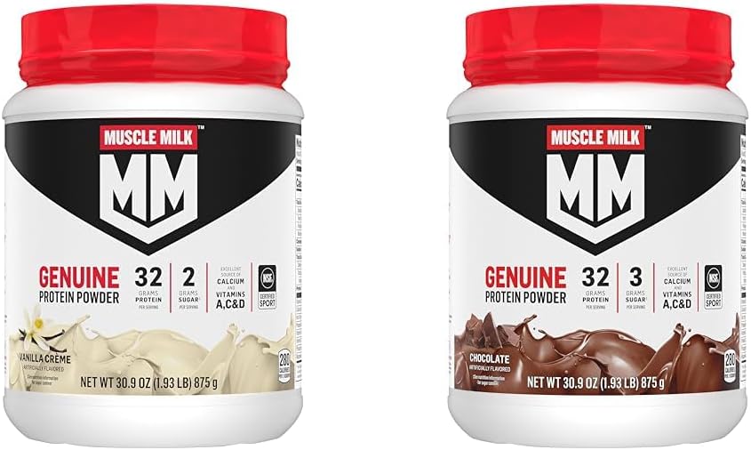 Muscle Milk Genuine Protein Powder Bundle, Vanilla Crème 1.93 Pfund 12 Servierungen 32g Protein 2g Zucker und Schokolade 1.93 Pfund 12 Servierungen 32g Protein 3g Zucker