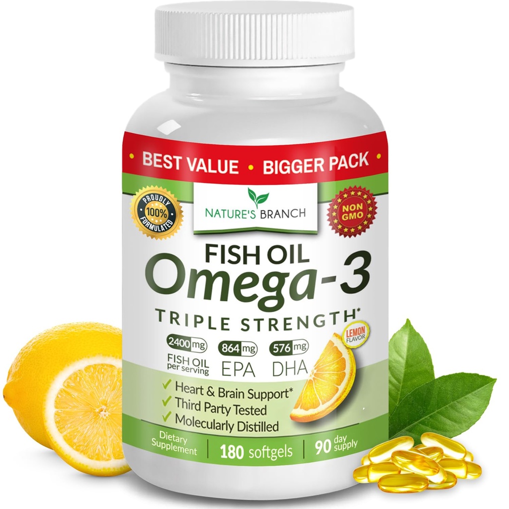 Best Triple Strength Omega 3 Pilules d'huile de poisson - 180 Capsules - 2400mg Flaveur de citron sans bourrelet de haute puissance 864mg EPA 576mg DHA Softgels liquides ultra purs pour les articulations du cerveau