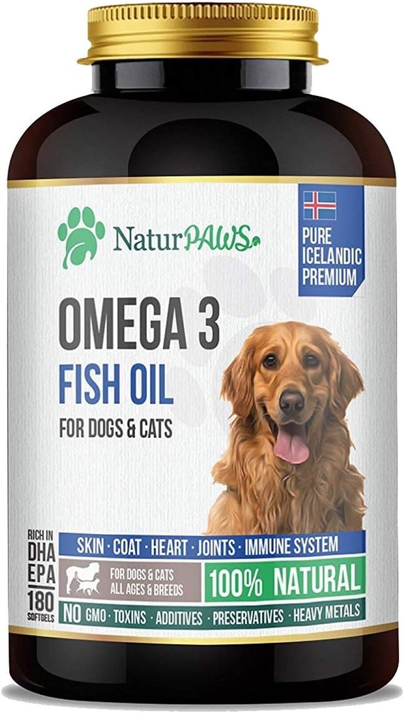 Omega 3 Fischöl-Ergänzung für Hunde und Katzen - 1000 mg reine DHA und EPA Omegas - Unterstützt gesunde Mantel und Haut, Herz, Immunsystem, Gelenke und Hip - 180 Softgels