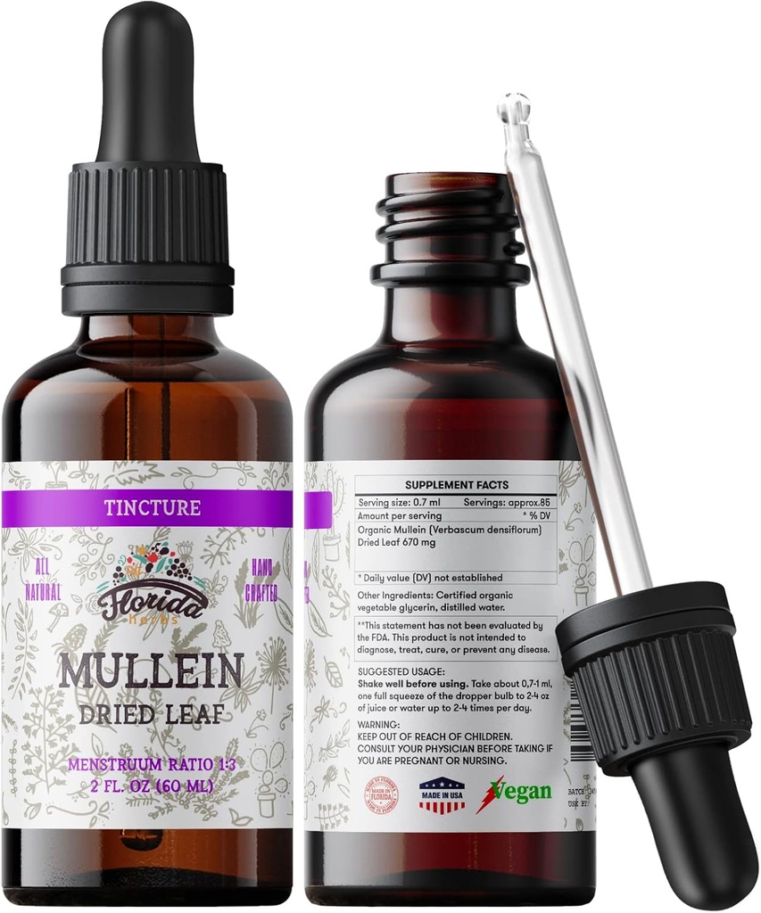 Mullein Tincture Extract, Organic Mullein (Verbascum densiflorum) Getrocknete Blatt Kräuterergänzung in kaltgepresstem pflanzlichem Glycerin 670 mg