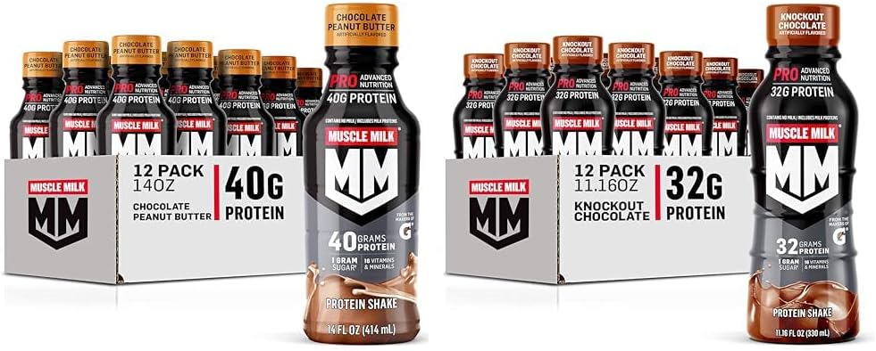 Muscle Lait Pro Série Chocolate Beurre d'arachide Protein Shake 40g Pack de protéines de 12 & Pro Nutrition avancée Knockout Chocolate Protein Shake 32g Pack de protéines de 12
