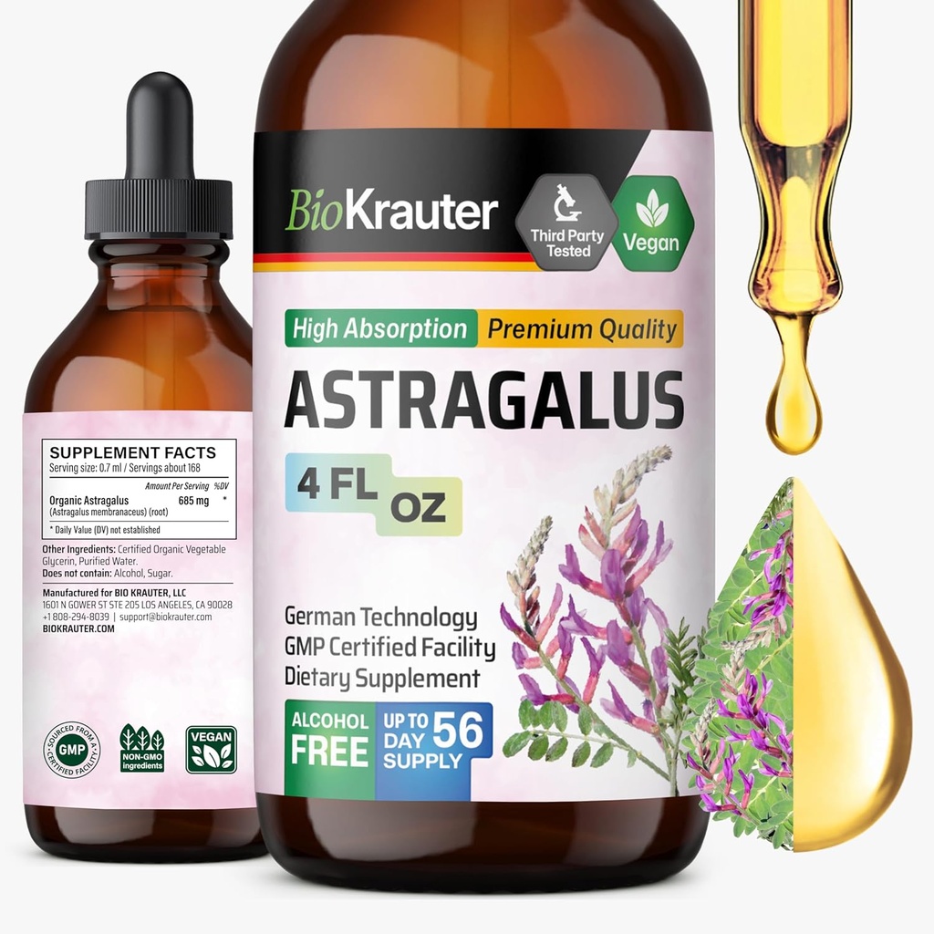 BIO KRAUTER Astragalus Tincture - Astragalus Root Extract for Immune Support - Alcohol and Sugar Free - High Absorption - Vegan Drops 4 Fl.Oz.