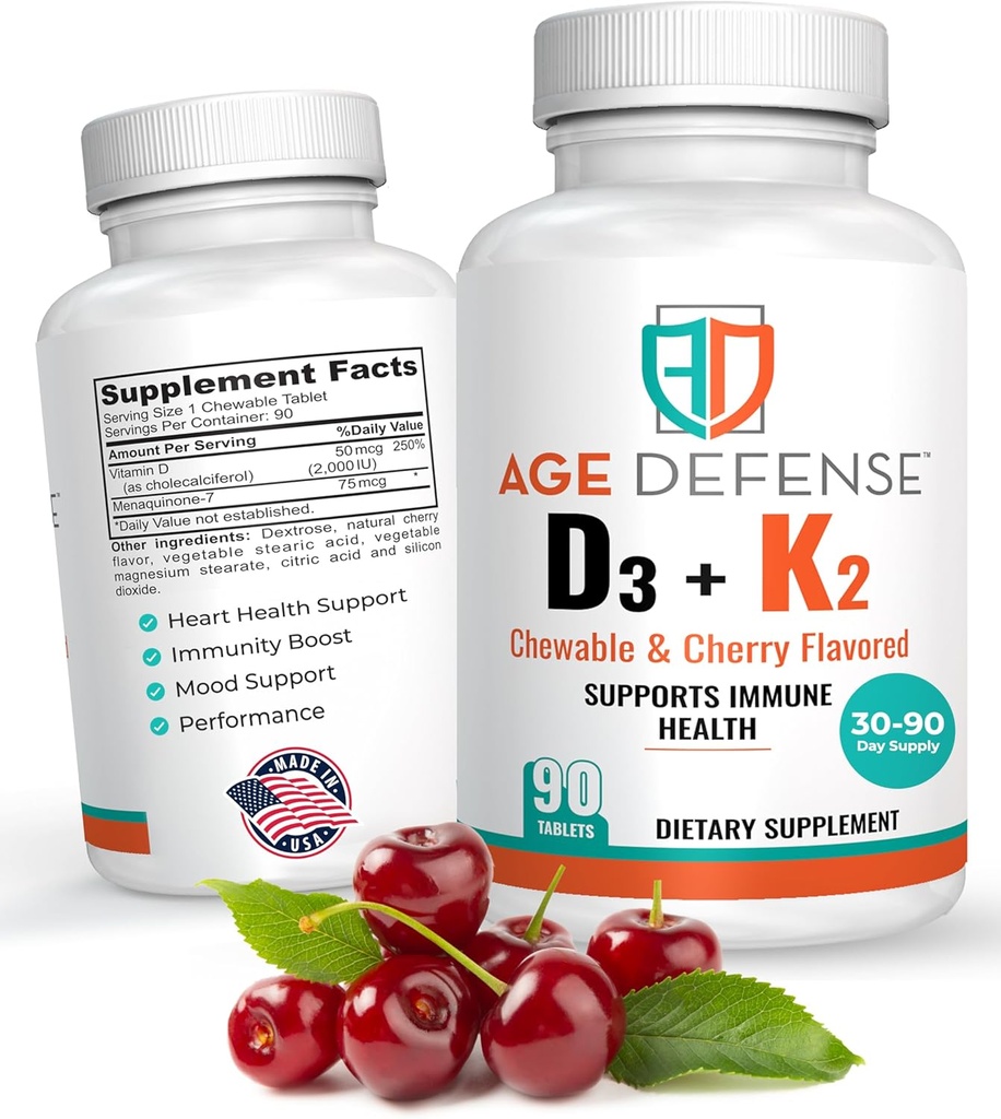 Vitamin D3 2000 IU mit K2-90 Kautabletten mit Cherry Flavoring-Natural Energy Booster-Supports Vitalität, Immune Health, & Gesamt Wellness-Vitamin D3 mit Vitamin K2 für Männer & Frauen