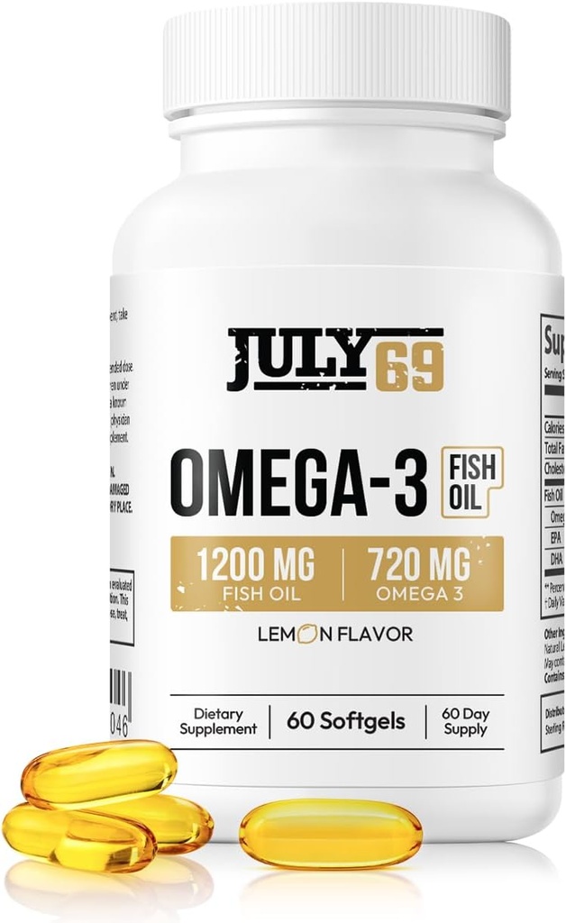 Omega 3 Fish Oil - 1200 MG Fish Oil, 720 MG Omega 3, Lemon Flavor, 60 Softgels, natürliche EPA-DHA Softgels für Kraft & Gesundheit, hohe Potenz, Unterstützung für Frauen & Männer