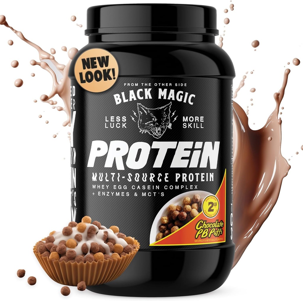 Poudre de protéines magiques noires - Complexe de lactosérum, des oeufs et de la caséine avec enzymes et poudre de MCT - Préentraînement et post entraînement - Nouveau look- Puffs au beurre d'arachide au chocolat célèbre - 24g Protéine - 2 LB