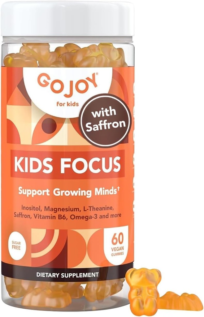 Kinder Focus Gummies - 7-in-1 Focus &amp; Attention Supplement für Kinder & Teens w/Saffron Extract, Magnesium Glycinate, L-Theanin, Inositol & More - Vegan, Gluten & Sugar-Free, Non-GMO
