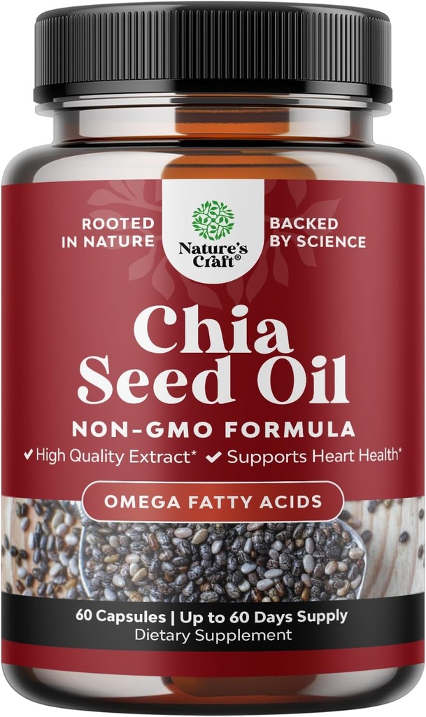 Chia Seed Öl Extrakt Kapseln - Pflanzenbasierte Omega 3 6 9 Ergänzung und tägliche Faser Kapseln für Erwachsene Verdauungs- und Immununterstützung und Herzgesundheit - Omega 3 Fettsäuren Ergänzung für Männer und Frauen