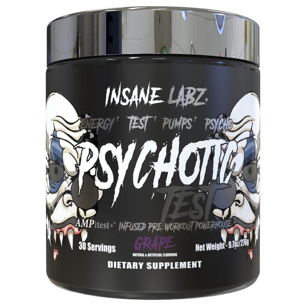 Test psychotique Insane Labz, haute énergie de testostérone et la pompe boostant la poudre de pré-travail avec le Bitartrate DMAE, l'acide D aspartique, la créatine HCL et le monostéarate de glycérol, 30 portions, raisin