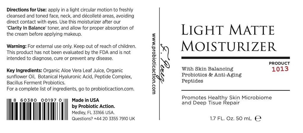 Probiotic Action® Light Matte Moisturizer - Probiotische Hilfe verhindern Akne, Rosacea und Eczema. Das Probiotikum und das Peptid hält den Glanz, die Weichheit und die Dichtigkeit der klaren Haut fest.