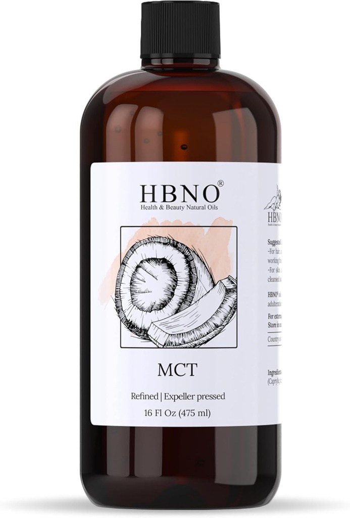HBNO California Bottled Coconut Mct Oil 16 fl oz (475ml) Wertgröße - Natürliches Mct-Öl, kalt gepresst - Perfekter Träger für Massage, Aromatherapie - Ideal für Gesicht, Körper, Lippen, &amp; Haar