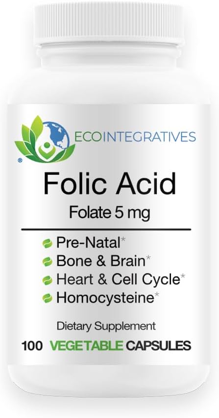 Folate d'acide folique 5mg (B9) Santé prénatale, reproductive, homocystéine, métabolisme, cardiovasculaire, os, immunosupport, sans allergène, sans OGM - 100 gélules véganes